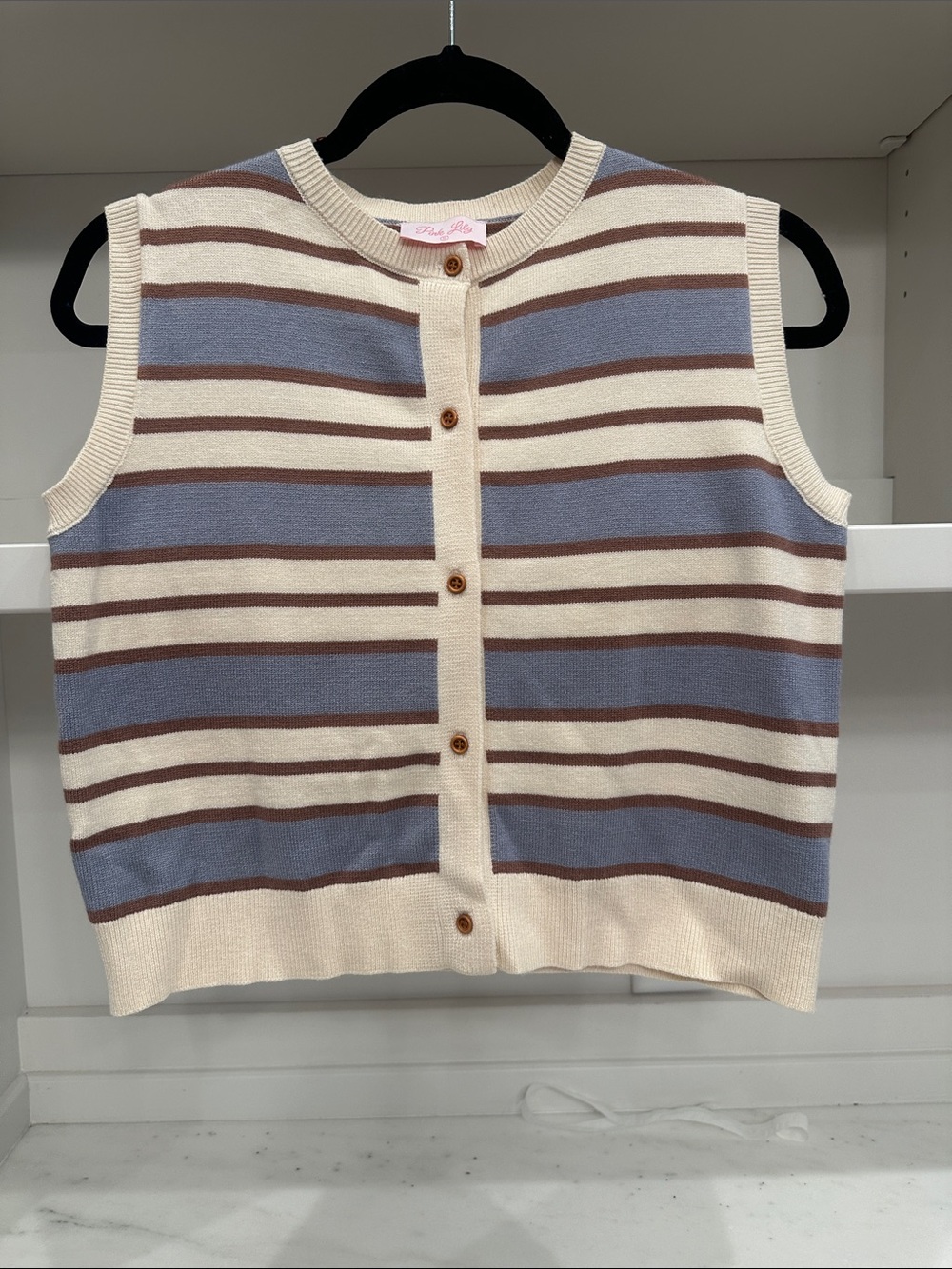Pink Lily small Striped Sleeveless Knit Button-Front Vest in Cream, Blue & Brown